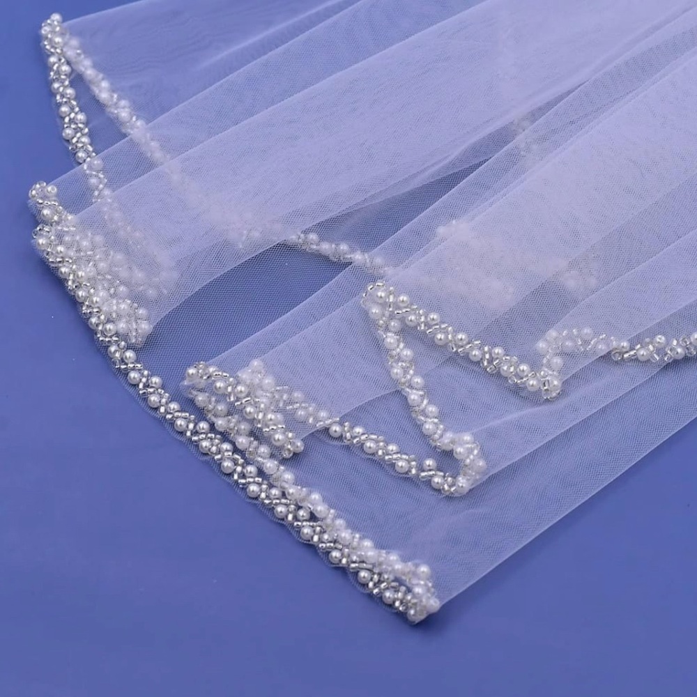 Wedding Veil Pearls and Crystals Beaded Edge 1 Tier